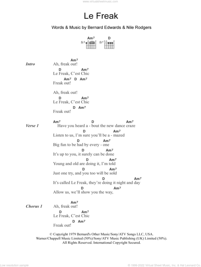 Le Freak sheet music for guitar (chords) by Chic, Bernard Edwards and Nile Rodgers, intermediate skill level