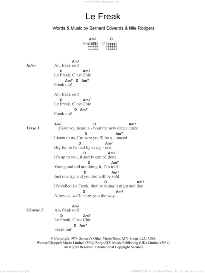 Le Freak sheet music for guitar (chords) by Chic, Bernard Edwards and Nile Rodgers, intermediate skill level