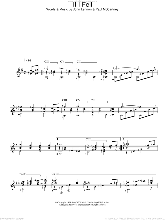 If I Fell sheet music for guitar solo (chords) by The Beatles, John Lennon and Paul McCartney, easy guitar (chords)