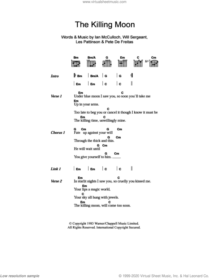 The Killing Moon sheet music for guitar (chords) by Echo & The Bunnymen, Ian McCulloch, Les Pattinson, Pete De Freitas and Will Sergeant, intermediate skill level