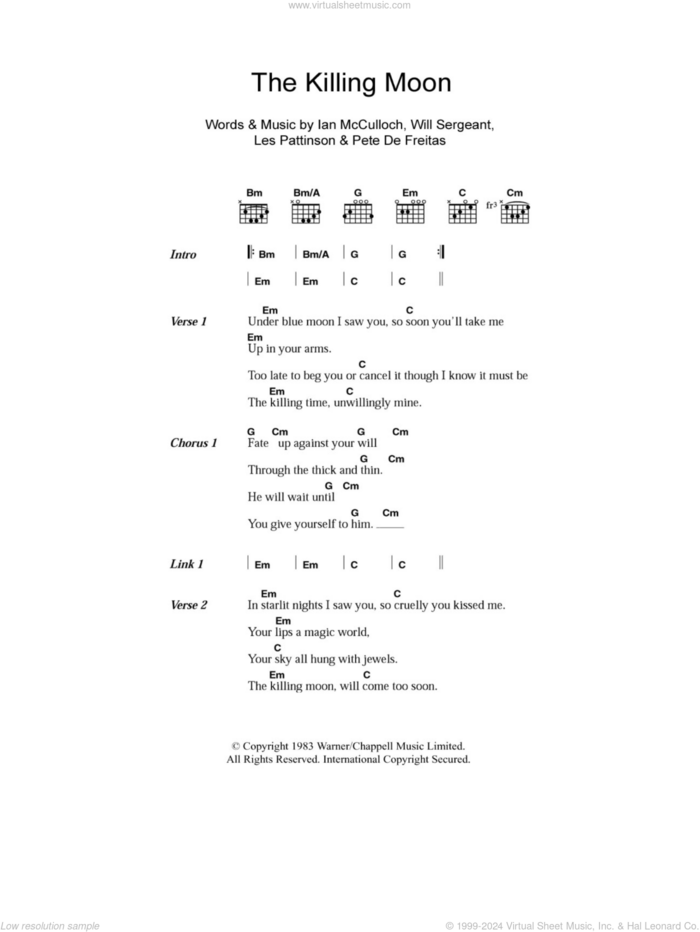 The Killing Moon sheet music for guitar (chords) by Echo & The Bunnymen, Ian McCulloch, Les Pattinson, Pete De Freitas and Will Sergeant, intermediate skill level