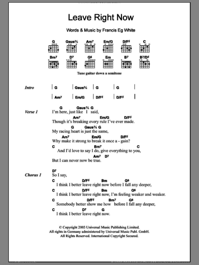 Leave Right Now sheet music for guitar (chords) by Will Young and Francis White, intermediate skill level