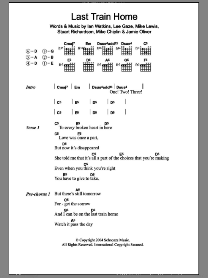 Last Train Home sheet music for guitar (chords) by Lostprophets, Ian Watkins, Jamie Oliver, Lee Gaze, Mike Chiplin, Mike Lewis and Stuart Richardson, intermediate skill level