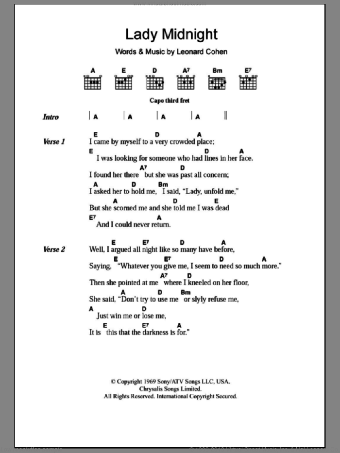 Lady Midnight sheet music for guitar (chords) by Leonard Cohen, intermediate skill level