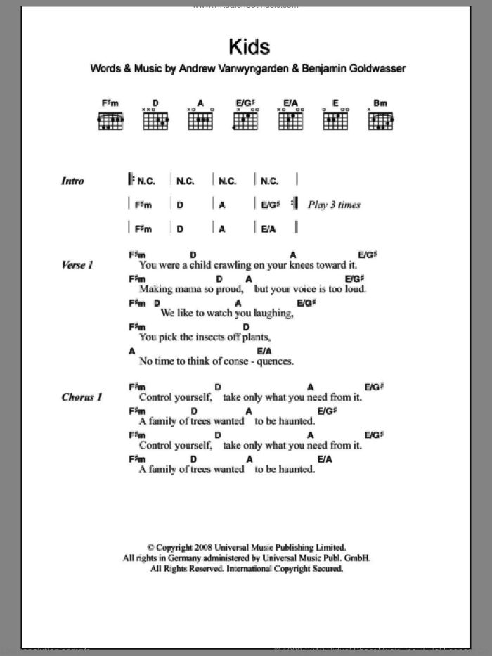 Kids sheet music for guitar (chords) by MGMT, Andrew Vanwyngarden and Benjamin Goldwasser, intermediate skill level