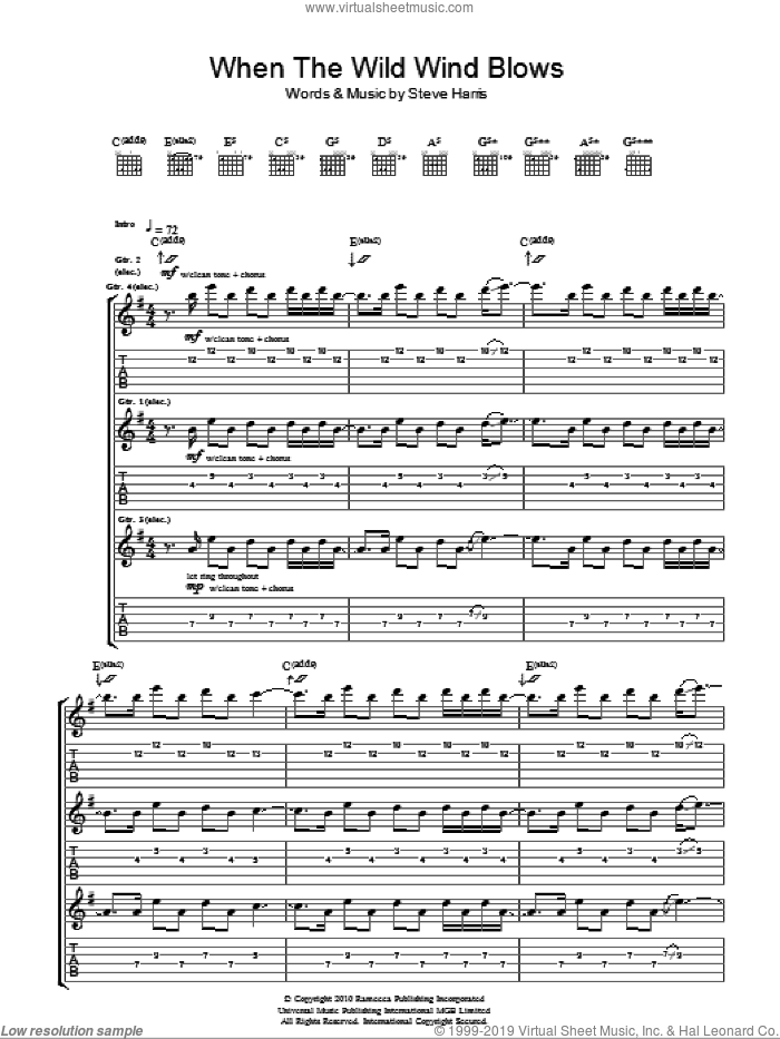 When The Wild Wind Blows sheet music for guitar (tablature) by Iron Maiden and Steve Harris, intermediate skill level