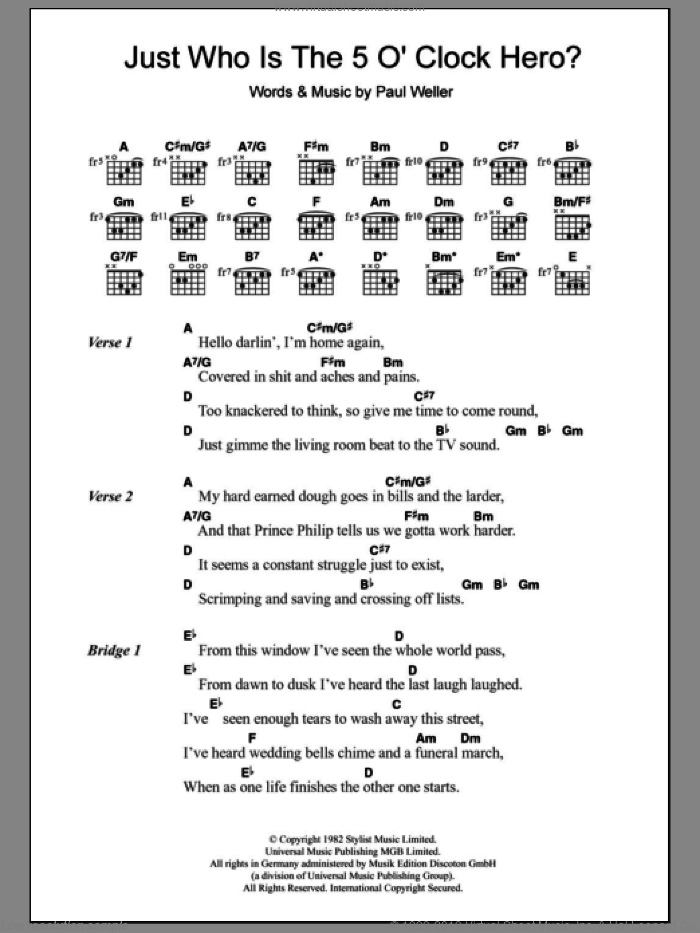 Just Who Is The 5 O'Clock Hero? sheet music for guitar (chords) by The Jam and Paul Weller, intermediate skill level