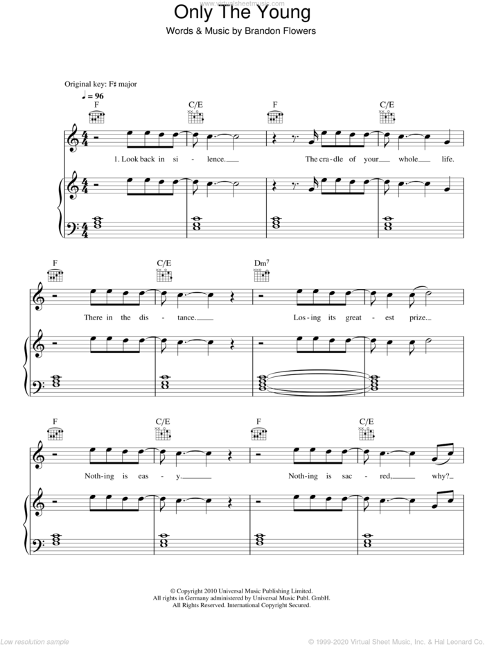 Only The Young sheet music for voice, piano or guitar by Brandon Flowers, intermediate skill level