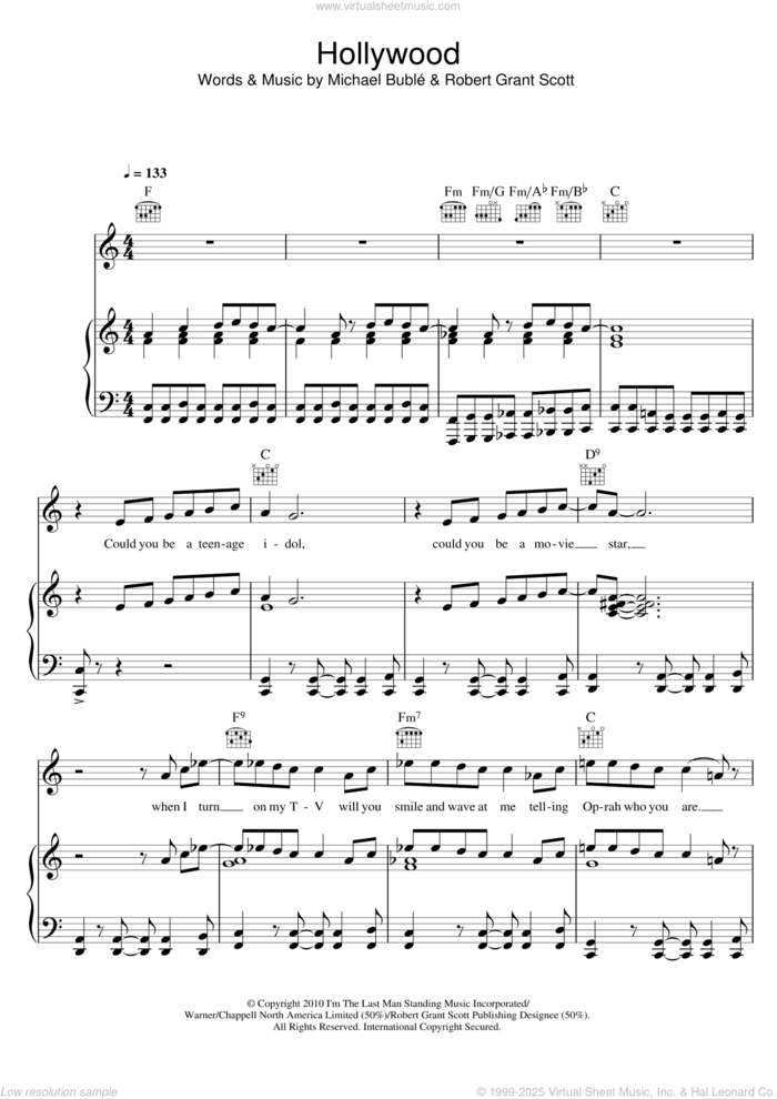 Hollywood sheet music for voice, piano or guitar by Michael Buble and Robert Grant Scott, intermediate skill level