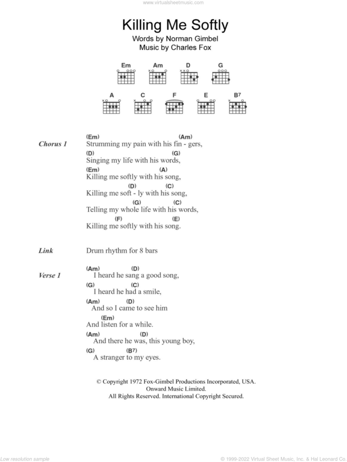 Killing Me Softly With His Song sheet music for guitar (chords) by Roberta Flack, Charles Fox and Norman Gimbel, intermediate skill level