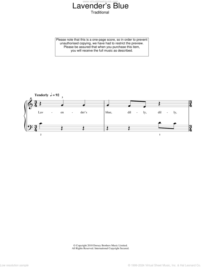 Lavender Blue (Dilly Dilly) sheet music for piano solo , Burl Ives, Eliot Daniel and Larry Morey, easy skill level