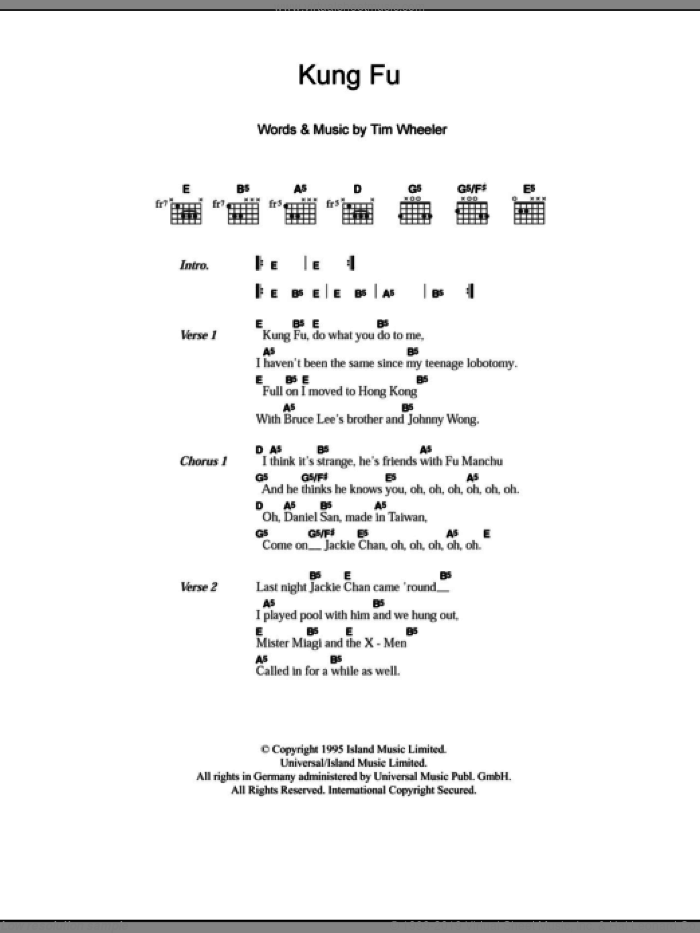 Kung Fu sheet music for guitar (chords) by Tim Wheeler, intermediate skill level