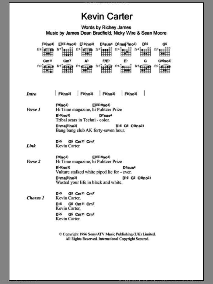 Kevin Carter sheet music for guitar (chords) by The Manic Street Preachers, James Dean Bradfield, Nicky Wire, Richey James and Sean Moore, intermediate skill level