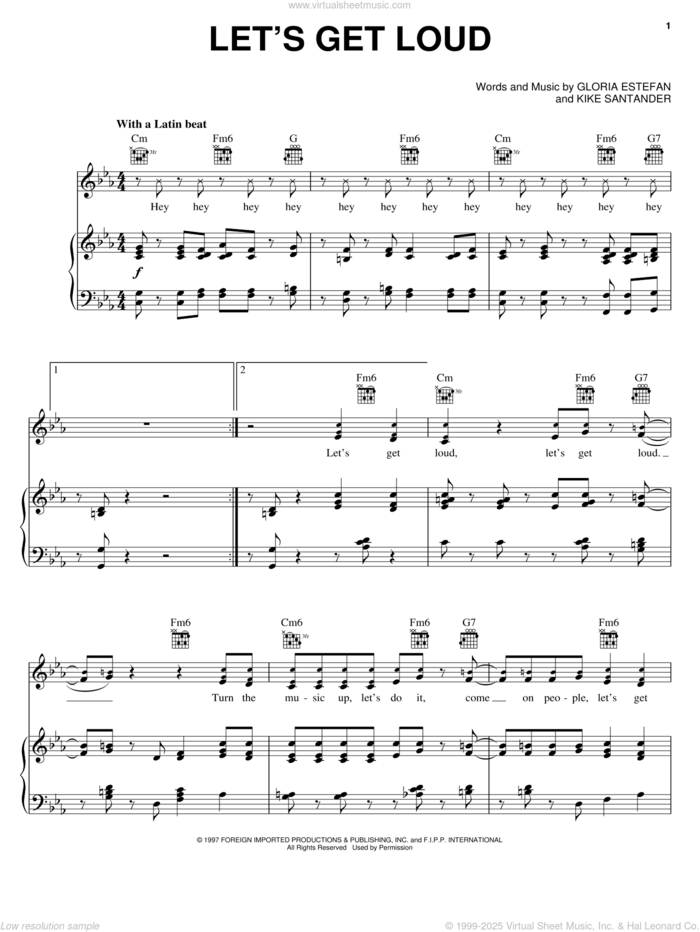 Let's Get Loud sheet music for voice, piano or guitar by Jennifer Lopez, Gloria Estefan and Kike Santander, intermediate skill level