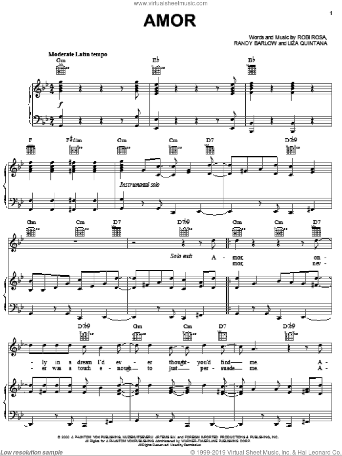 Amor sheet music for voice, piano or guitar by Ricky Martin, Liza Quintana, Randy Barlow and Robi Rosa, intermediate skill level
