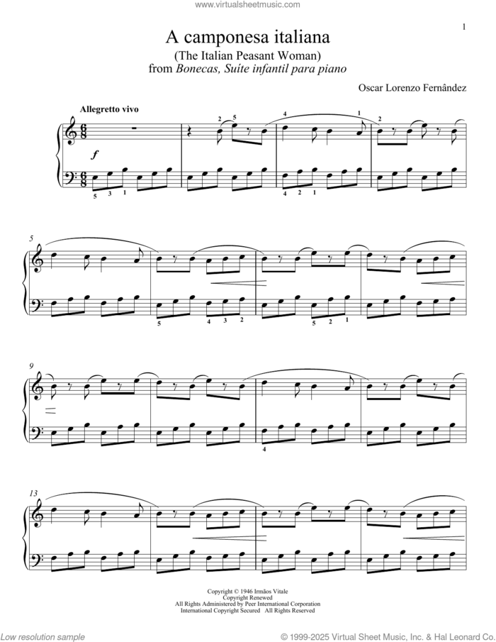 A Camponesa Italiana sheet music for piano solo by OSCAR LORENZO FERNANDEZ and Desiree Gonzalez-Miller, classical score, intermediate skill level