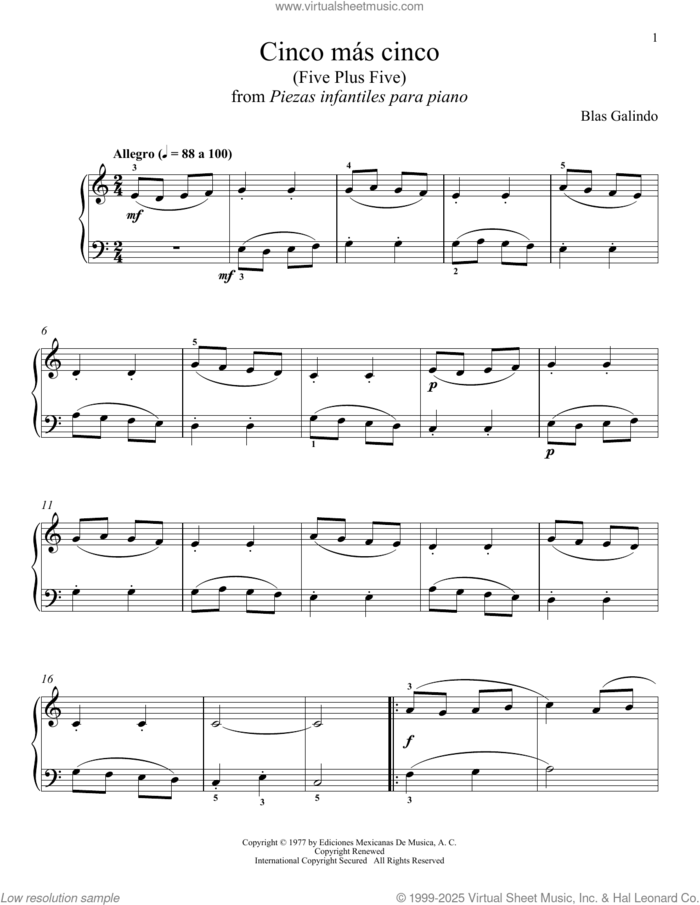 Cinco Mas Cinco sheet music for piano solo by Blas Galindo and Desiree Gonzalez-Miller, classical score, intermediate skill level