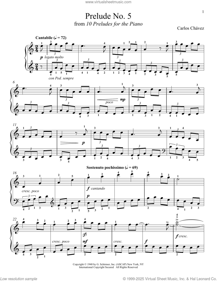 Prelude No. 5 sheet music for piano solo by Carlos Chavez and Desiree Gonzalez-Miller, classical score, intermediate skill level