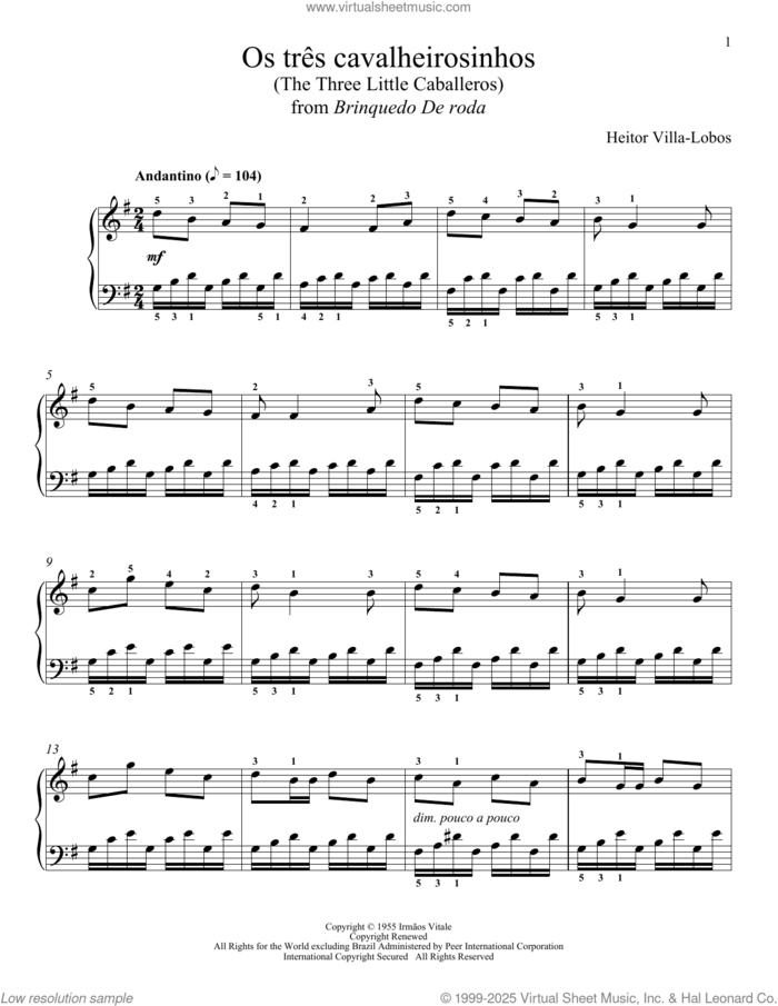 Os Tres Cavalheirosinhos (The Three Little Caballeros) sheet music for piano solo by Heitor Villa-Lobos and Desiree Gonzalez-Miller, classical score, intermediate skill level