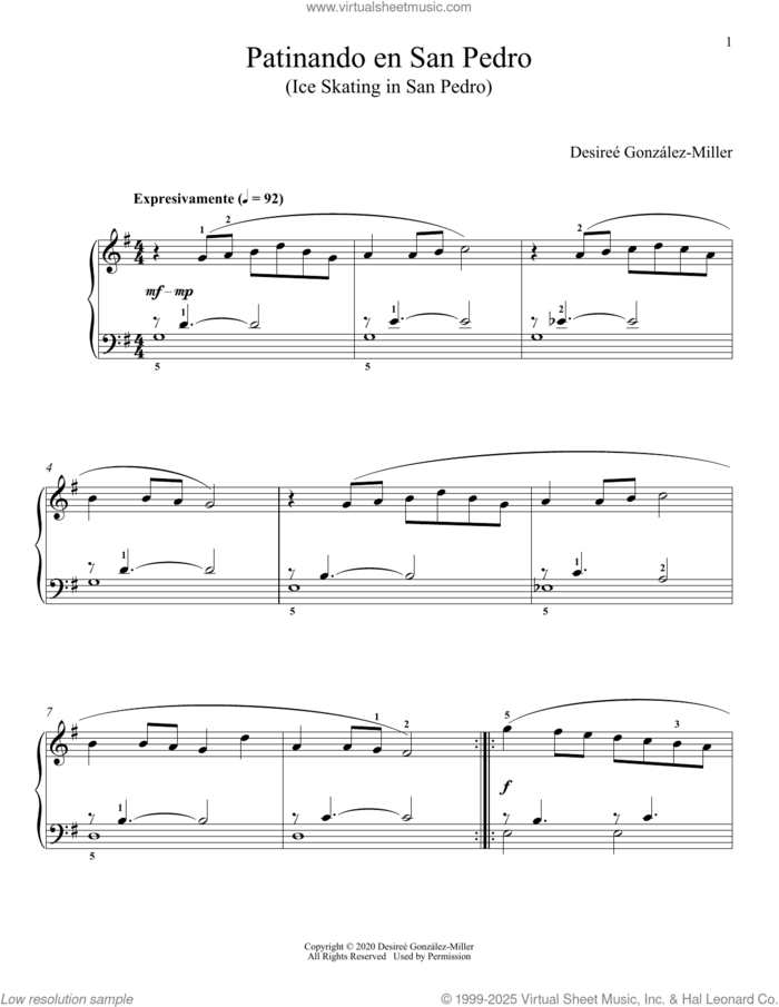 Patinando En San Pedro sheet music for piano solo by Desireé González-Miller, classical score, intermediate skill level