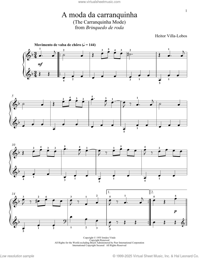 A Moda da Carranquinha (The Carranquinha Mode) sheet music for piano solo by Heitor Villa-Lobos and Desiree Gonzalez-Miller, classical score, intermediate skill level