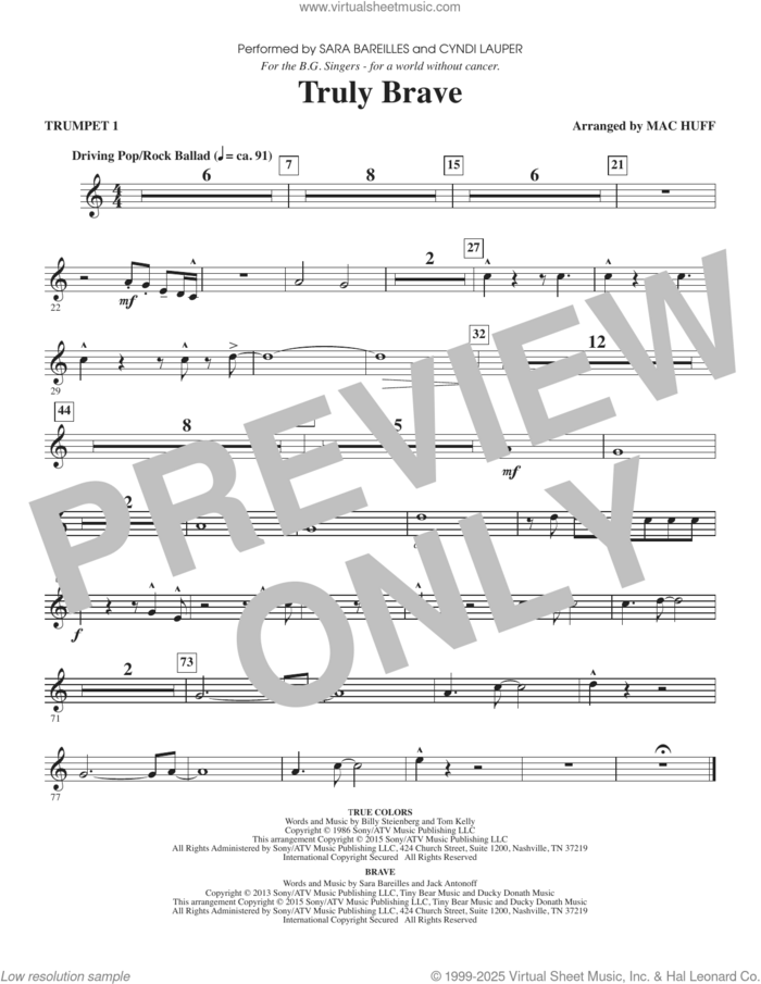 Truly Brave (arr. Mac Huff) (complete set of parts) sheet music for orchestra/band (Instrumental Accompaniment) by Mac Huff, Billy Steinberg, Sara Bareilles, Sara Bareilles & Cyndi Lauper and Tom Kelly, intermediate skill level