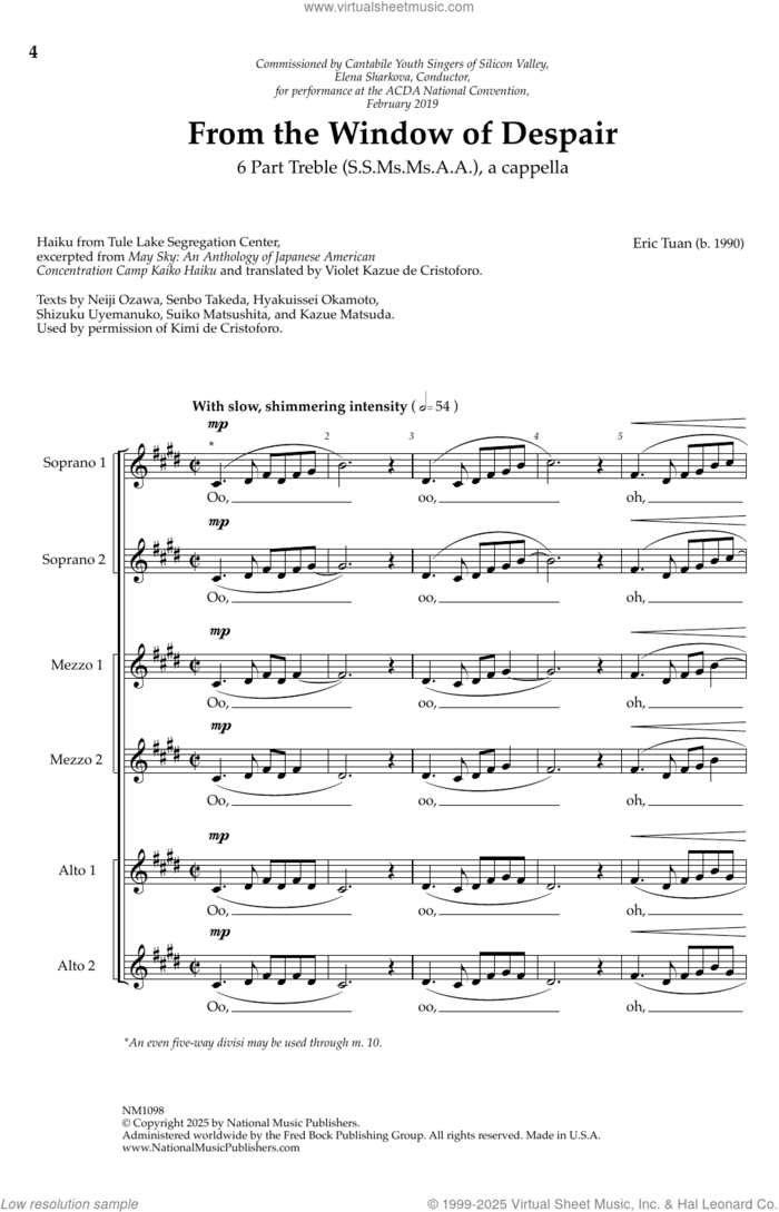 From The Window Of Despair (6-part Treble) sheet music for choir (SSA: soprano, alto) by Eric Tuan, intermediate skill level
