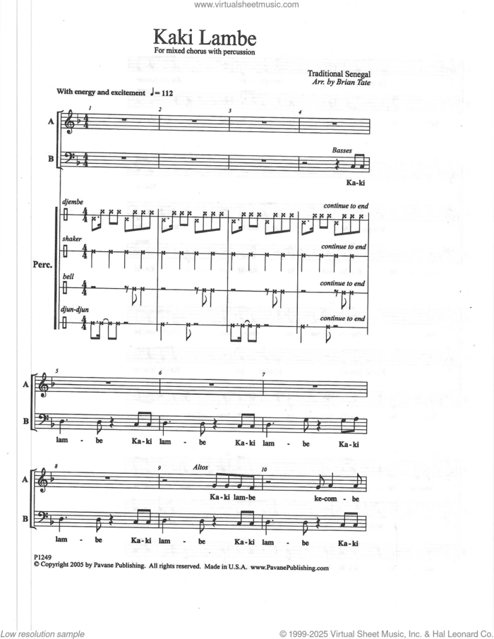 Kaki Lambe sheet music for choir (SATB: soprano, alto, tenor, bass) by Brian Tate, intermediate skill level