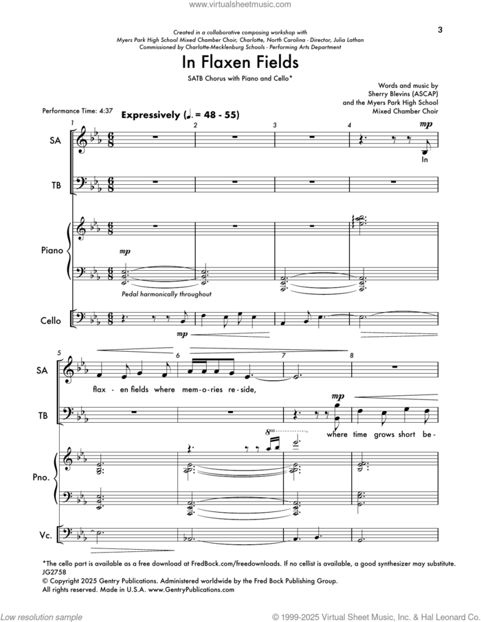 In Flaxen Fields sheet music for choir (SATB: soprano, alto, tenor, bass) by Sherry Blevins, intermediate skill level