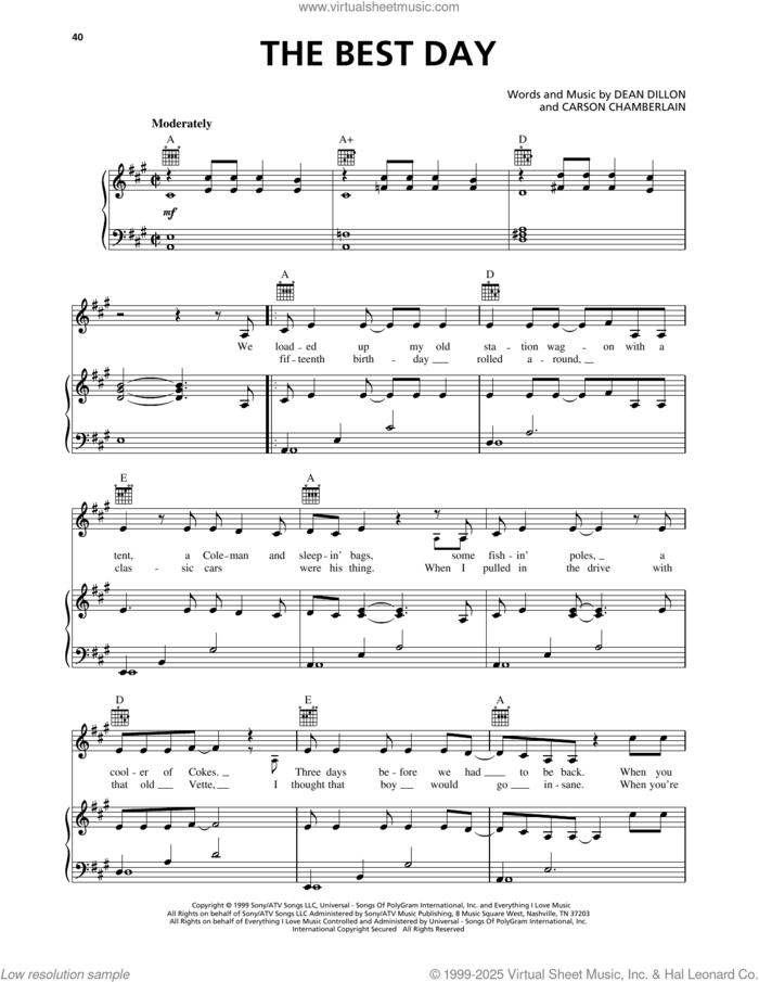 The Best Day sheet music for voice, piano or guitar by George Strait, Carson Chamberlain and Dean Dillon, intermediate skill level