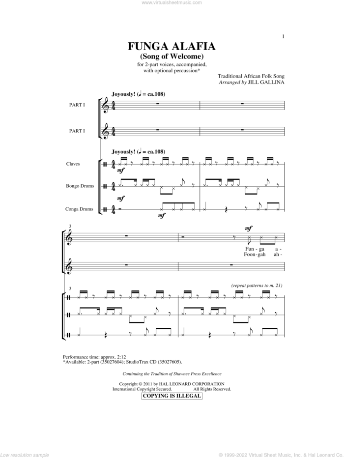 Funga Alafia (arr. Jill Gallina) sheet music for choir (2-Part) by Jill Gallina and Miscellaneous, intermediate duet