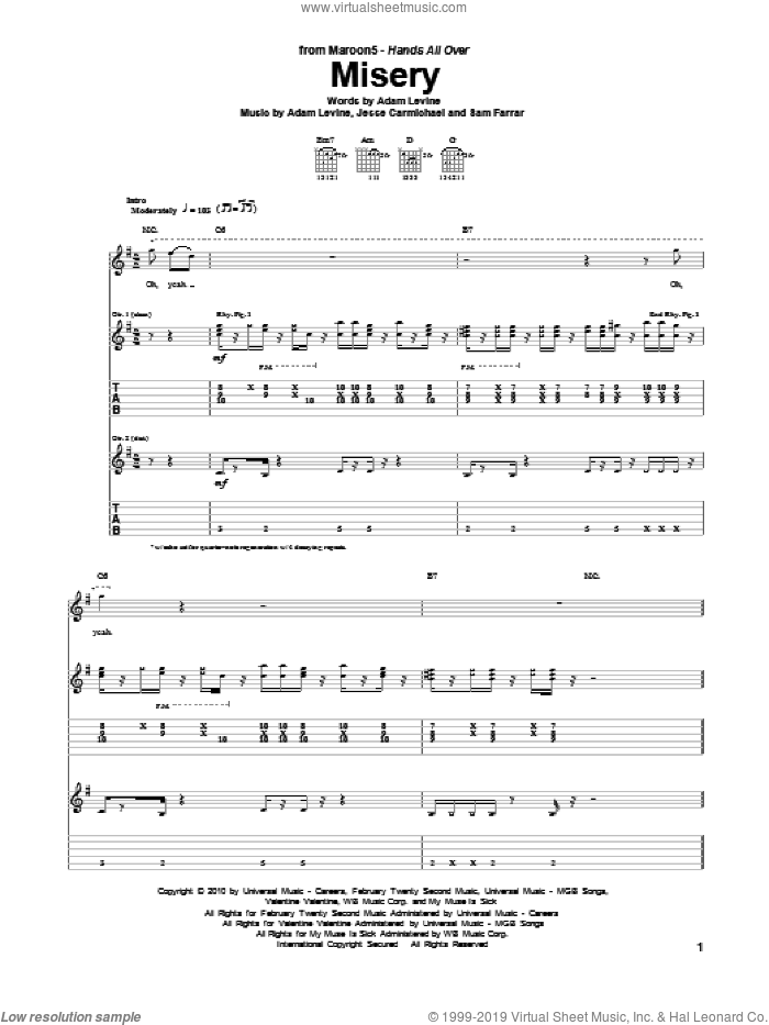 Misery sheet music for guitar (tablature) by Maroon 5, Adam Levine, Jesse Carmichael and Sam Farrar, intermediate skill level