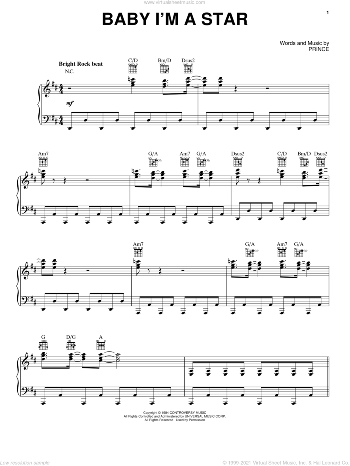 Baby I'm A Star sheet music for voice, piano or guitar by Prince and Prince & The Revolution, intermediate skill level