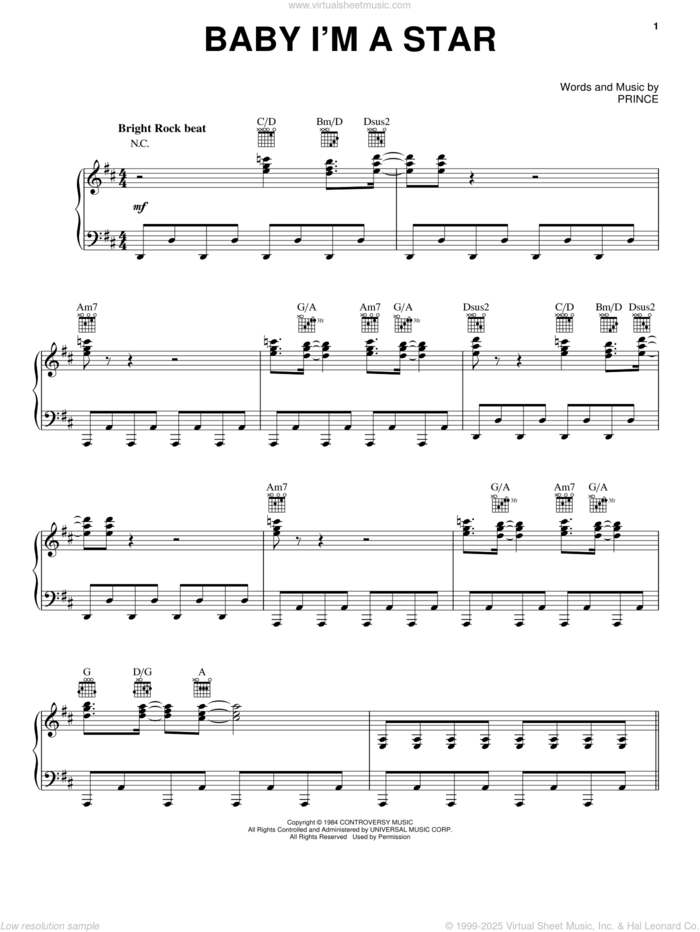 Baby I'm A Star sheet music for voice, piano or guitar by Prince and Prince & The Revolution, intermediate skill level