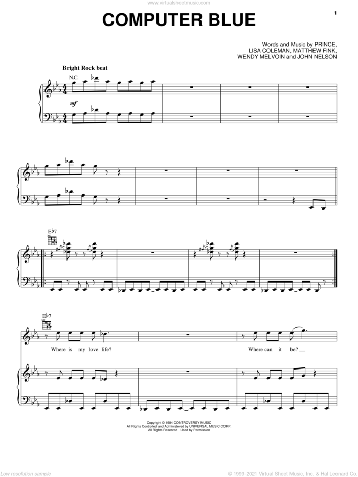 Computer Blue sheet music for voice, piano or guitar by Prince, Prince & The Revolution, John Nelson, Lisa Coleman, Matthew Fink and Wendy Melvoin, intermediate skill level