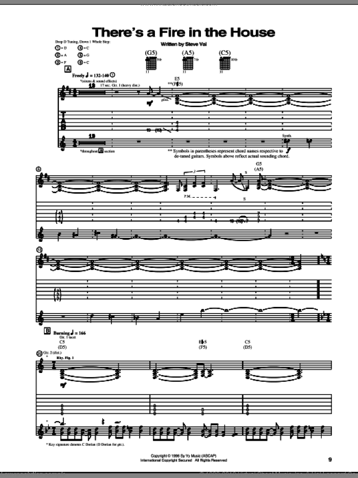 There's A Fire In The House sheet music for guitar (tablature) by Steve Vai, intermediate skill level