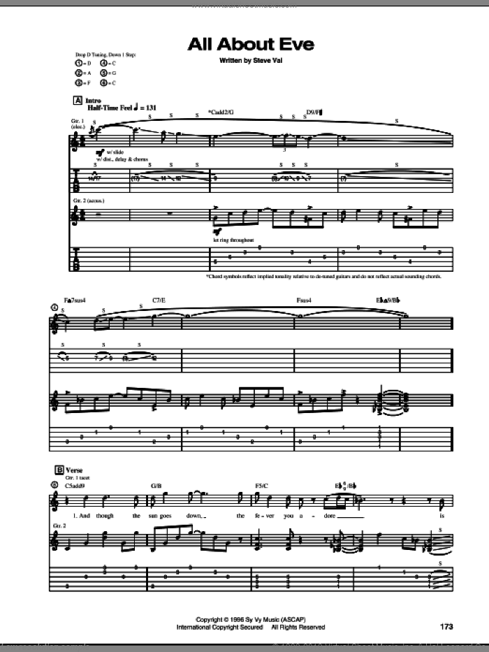All About Eve sheet music for guitar (tablature) by Steve Vai, intermediate skill level