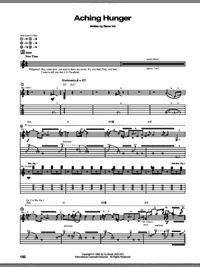 Aching Hunger sheet music for guitar (tablature) by Steve Vai, intermediate skill level