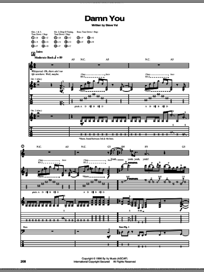 Damn You sheet music for guitar (tablature) by Steve Vai, intermediate skill level
