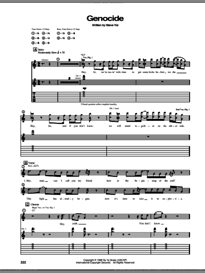 Genocide sheet music for guitar (tablature) by Steve Vai, intermediate skill level