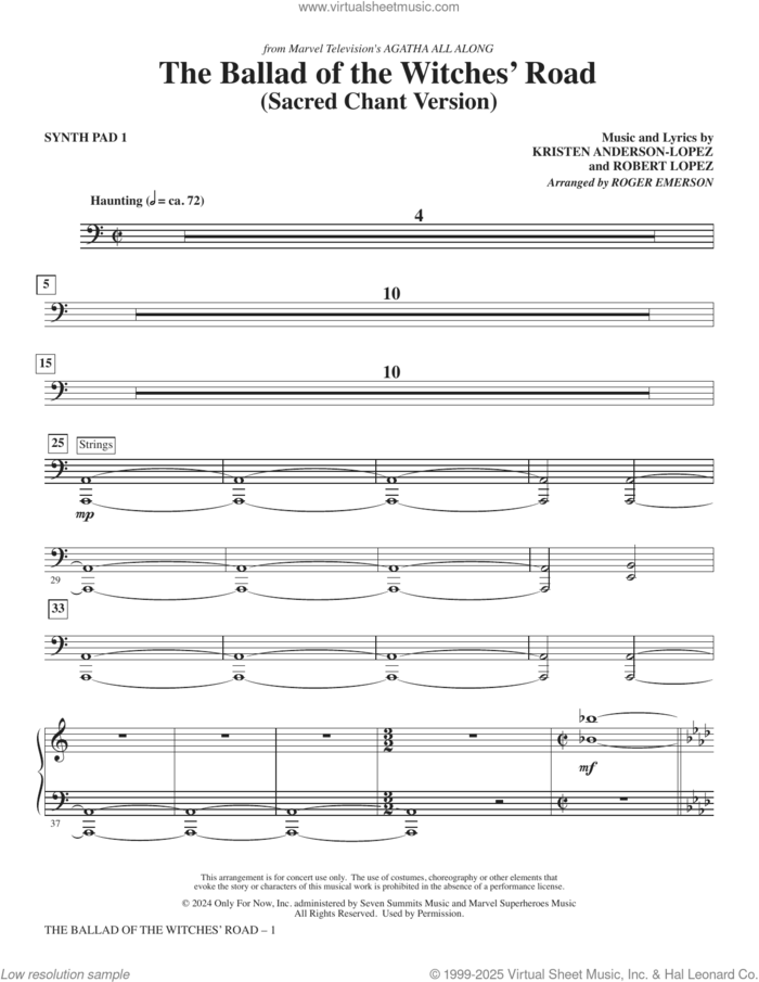 The Ballad Of The Witches' Road (from Agatha All Along) sheet music for orchestra/band (synthesizer i) by Robert Lopez, Roger Emerson, Kristen Anderson-Lopez and Kristen Anderson-Lopez & Robert Lopez, intermediate skill level