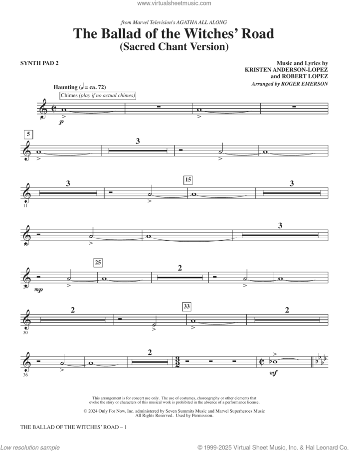 The Ballad Of The Witches' Road (from Agatha All Along) sheet music for orchestra/band (synthesizer ii) by Robert Lopez, Roger Emerson, Kristen Anderson-Lopez and Kristen Anderson-Lopez & Robert Lopez, intermediate skill level