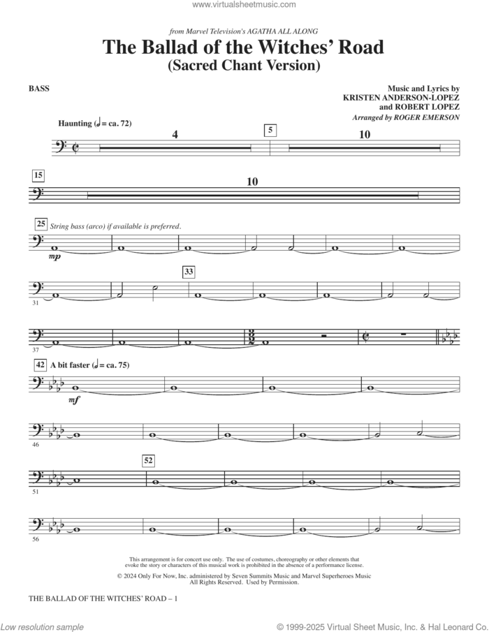 The Ballad Of The Witches' Road (from Agatha All Along) sheet music for orchestra/band (bass) by Robert Lopez, Roger Emerson, Kristen Anderson-Lopez and Kristen Anderson-Lopez & Robert Lopez, intermediate skill level