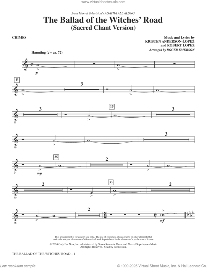 The Ballad Of The Witches' Road (from Agatha All Along) sheet music for orchestra/band (chimes) by Robert Lopez, Roger Emerson, Kristen Anderson-Lopez and Kristen Anderson-Lopez & Robert Lopez, intermediate skill level