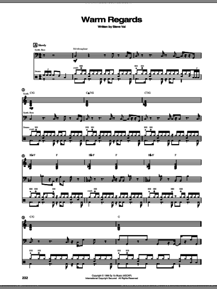 Warm Regards sheet music for guitar (tablature) by Steve Vai, intermediate skill level