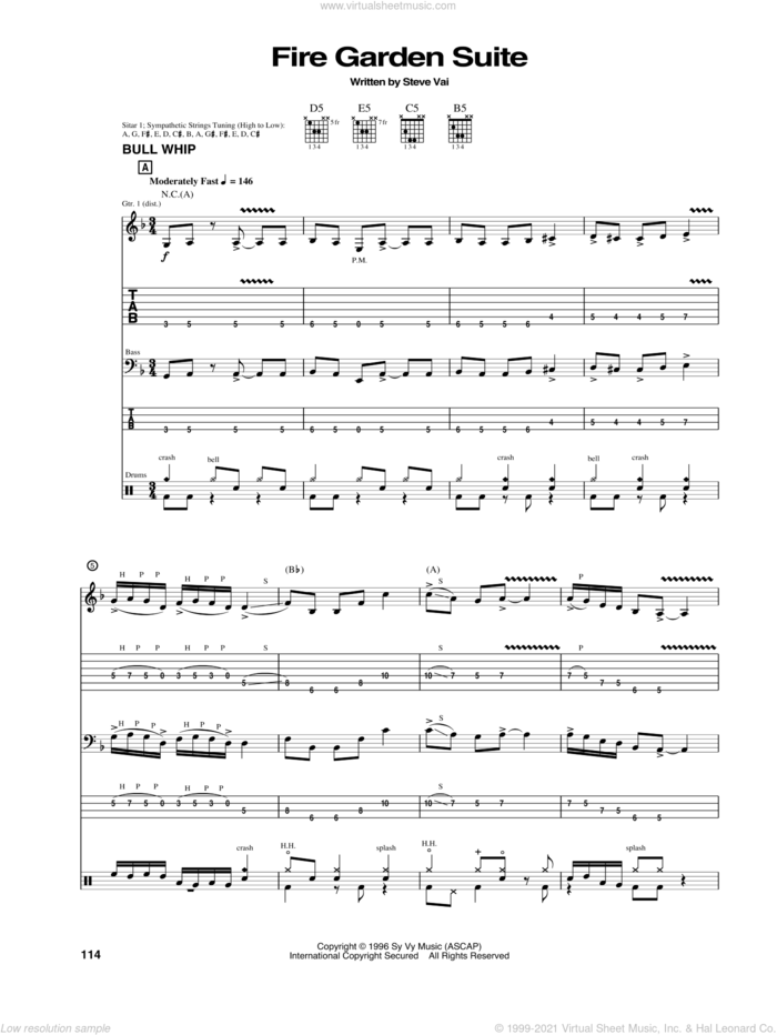 Fire Garden Suite: Bull Whip / Pusa Road / Angel Food / Taurus Bulba sheet music for guitar (tablature) by Steve Vai, intermediate skill level