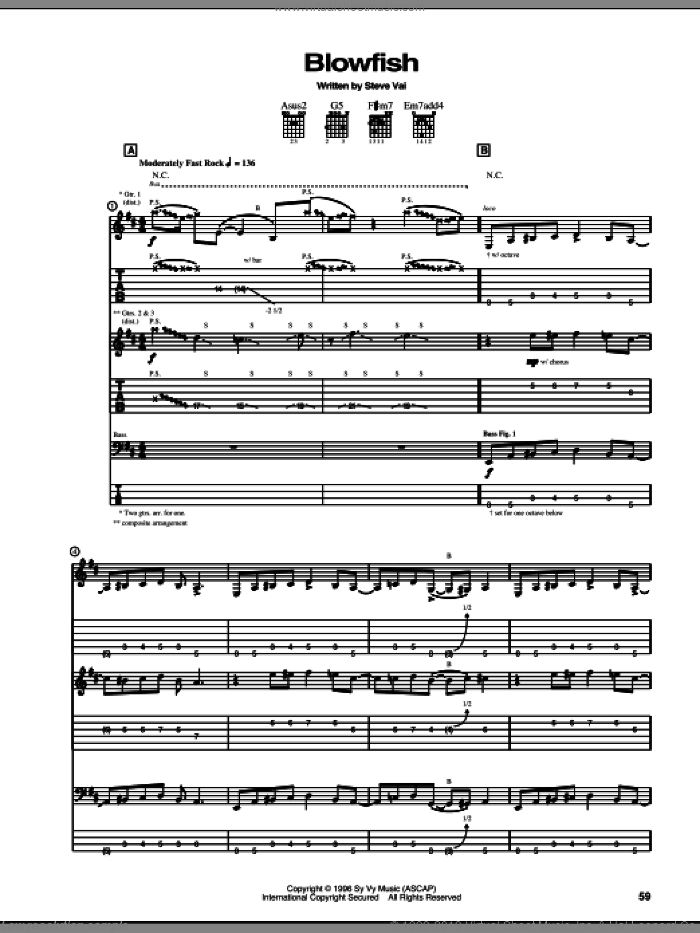 Blowfish sheet music for guitar (tablature) by Steve Vai, intermediate skill level