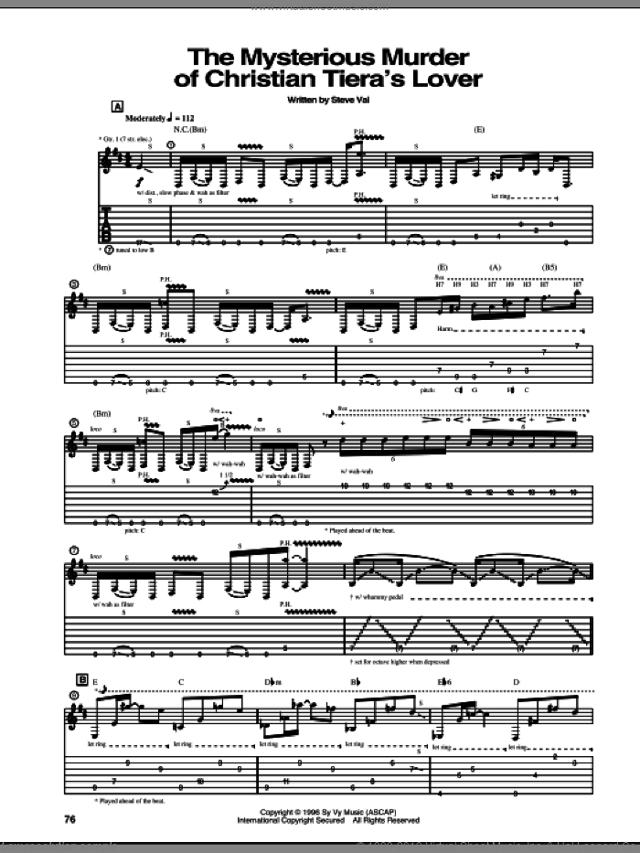 The Mysterious Murder Of Christian Tiera's Lover sheet music for guitar (tablature) by Steve Vai, intermediate skill level