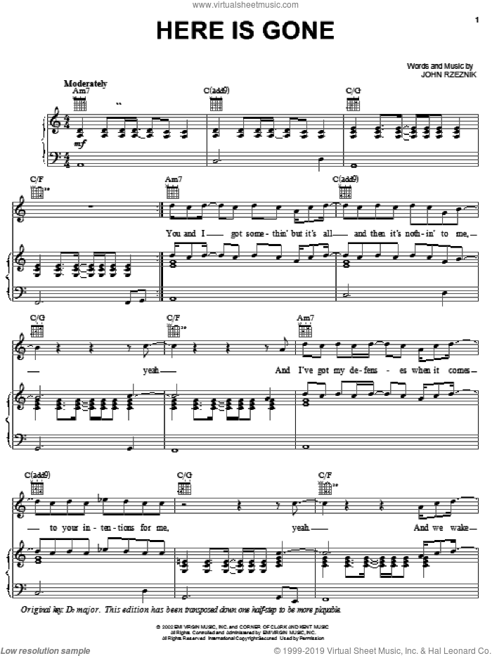 Here Is Gone sheet music for voice, piano or guitar by Goo Goo Dolls and John Rzeznik, intermediate skill level
