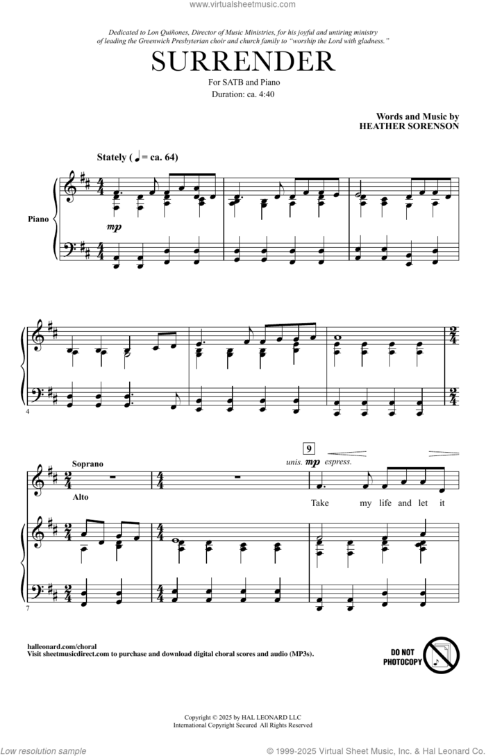 Surrender sheet music for choir (SATB: soprano, alto, tenor, bass) by Heather Sorenson, intermediate skill level